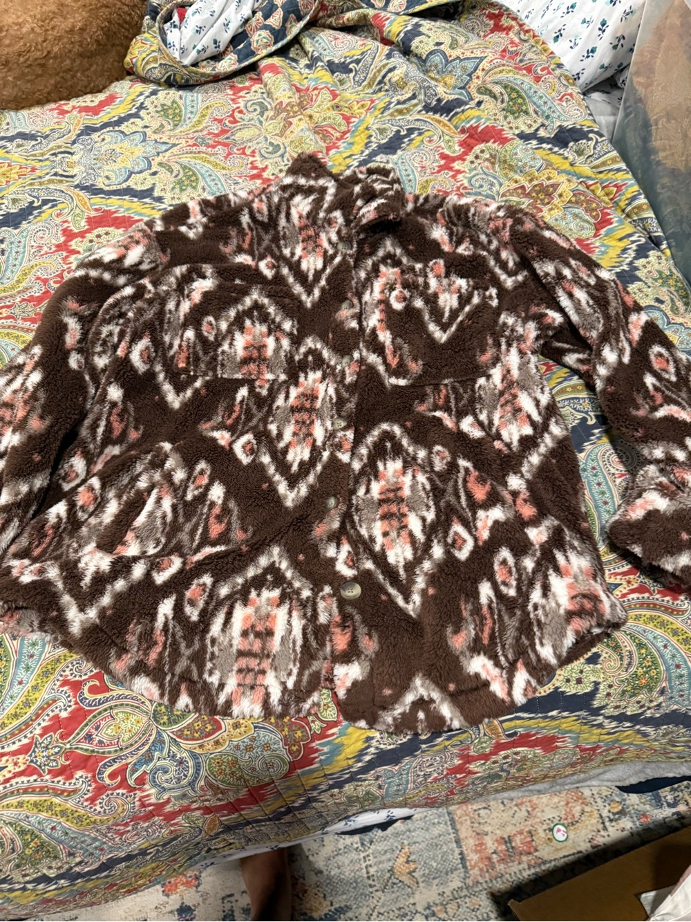 Natural Reflections Brown, Pink & White Fuzzy Button-Up Jacket